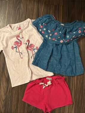 Hatley Pink Flamingo Tee with Blue Embroidered Off-Shoulder Top & Coral Shorts